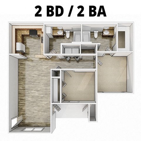 Floor plan for 2 beds, 2 baths, 985 sqft